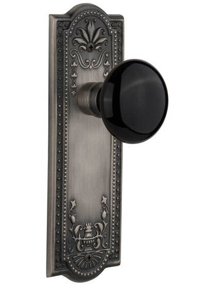 Meadows Style Door Set with Black Porcelain Knobs in Antique Pewter.